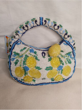 New Handmade From India White/Blue/Yellow Beaded Lemon Mini Bag Viral Tiktok